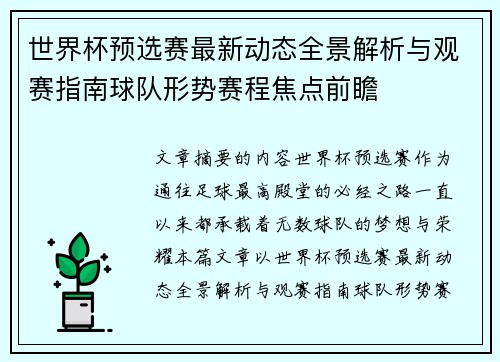 世界杯预选赛最新动态全景解析与观赛指南球队形势赛程焦点前瞻
