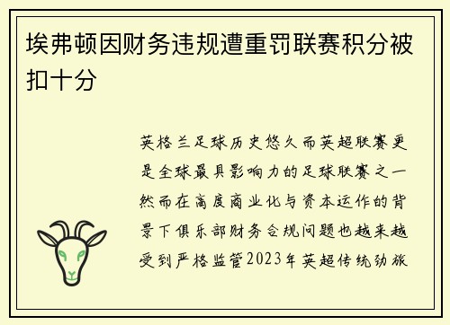 埃弗顿因财务违规遭重罚联赛积分被扣十分